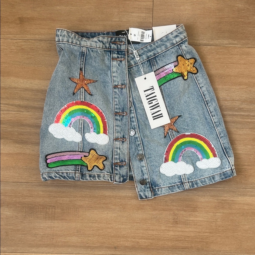 Denim Button-Front Mini Skirt with Rainbow & Star Sequin Patches